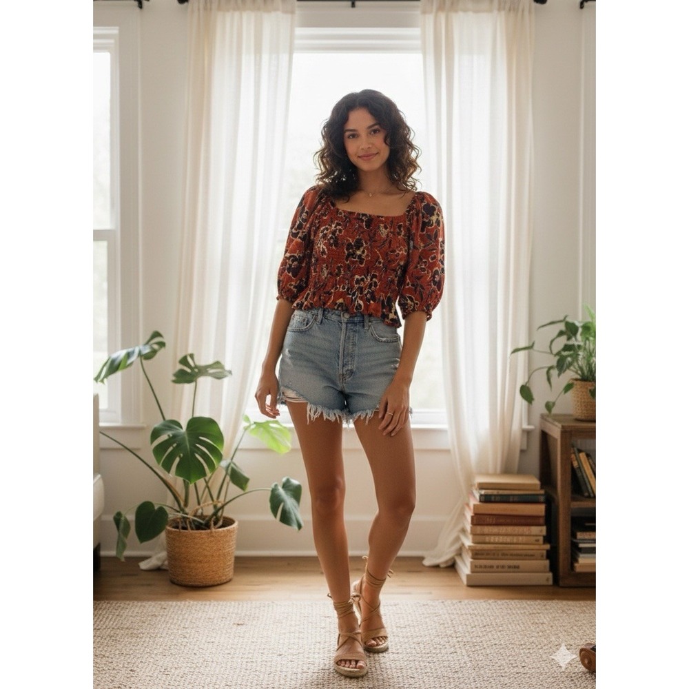 Boho Floral‎ Smocked Crop Top Puff Sleeve Cottagecore Blouse Size Small/medium